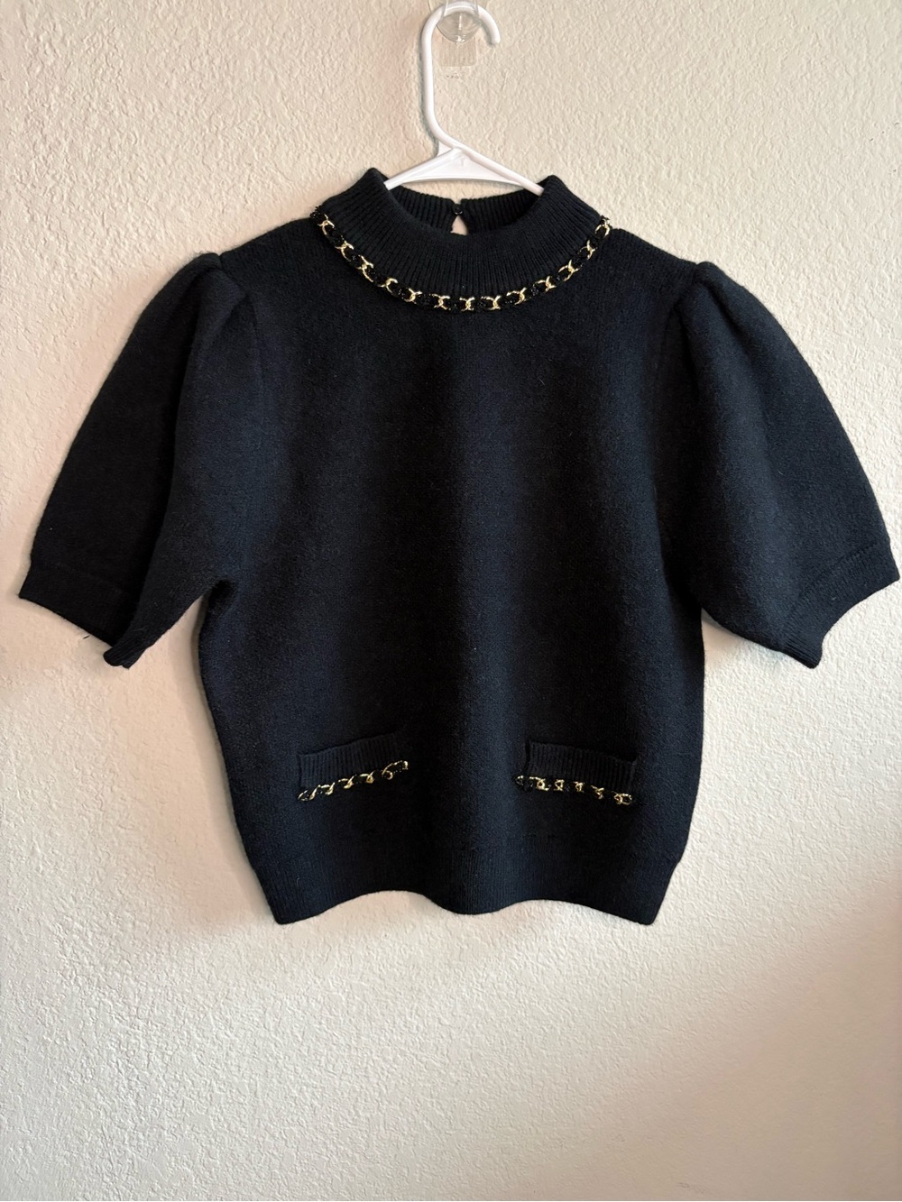 Endless Rose Black Knit Top with Gold Chain Trim